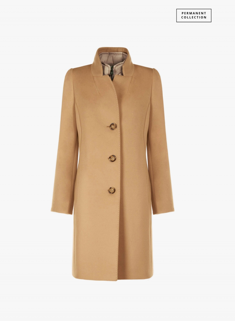 Camel pure wool coat with detachable nylon bib