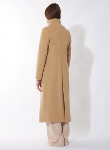 Maxi camel wool coat with detachable nylon bib
