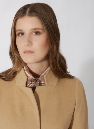 Maxi camel wool coat with detachable nylon bib