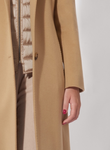 Maxi camel wool coat with detachable nylon bib