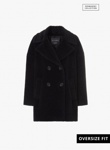 Short oversized black double breasted wool and alpaca coat