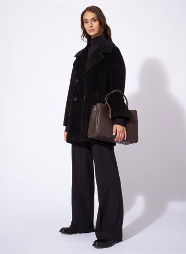 Short oversized black double breasted wool and alpaca coat