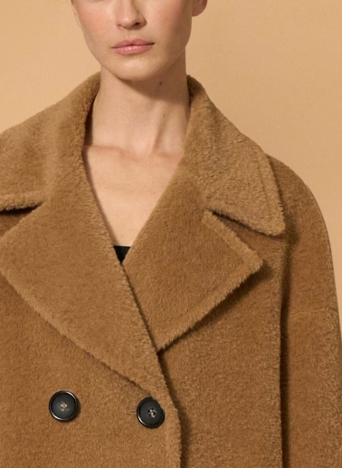 Short oversized dark camel double breasted wool and alpaca coat