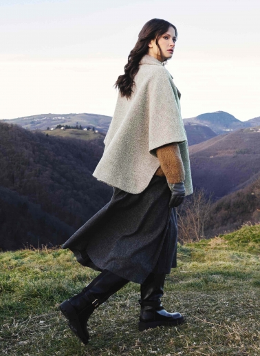Beige double breasted cape in bouclé effect fabric