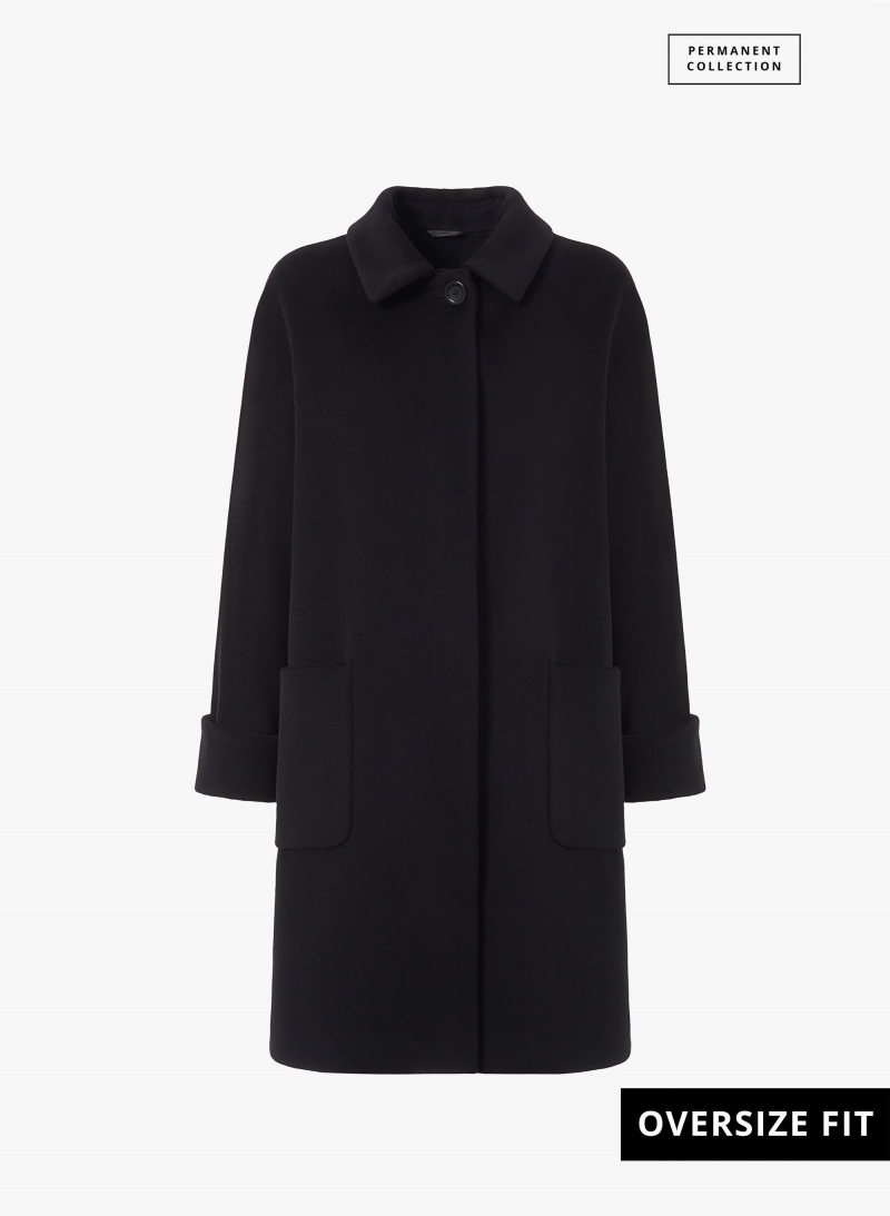 Oversized black pure wool coat with shirt collar