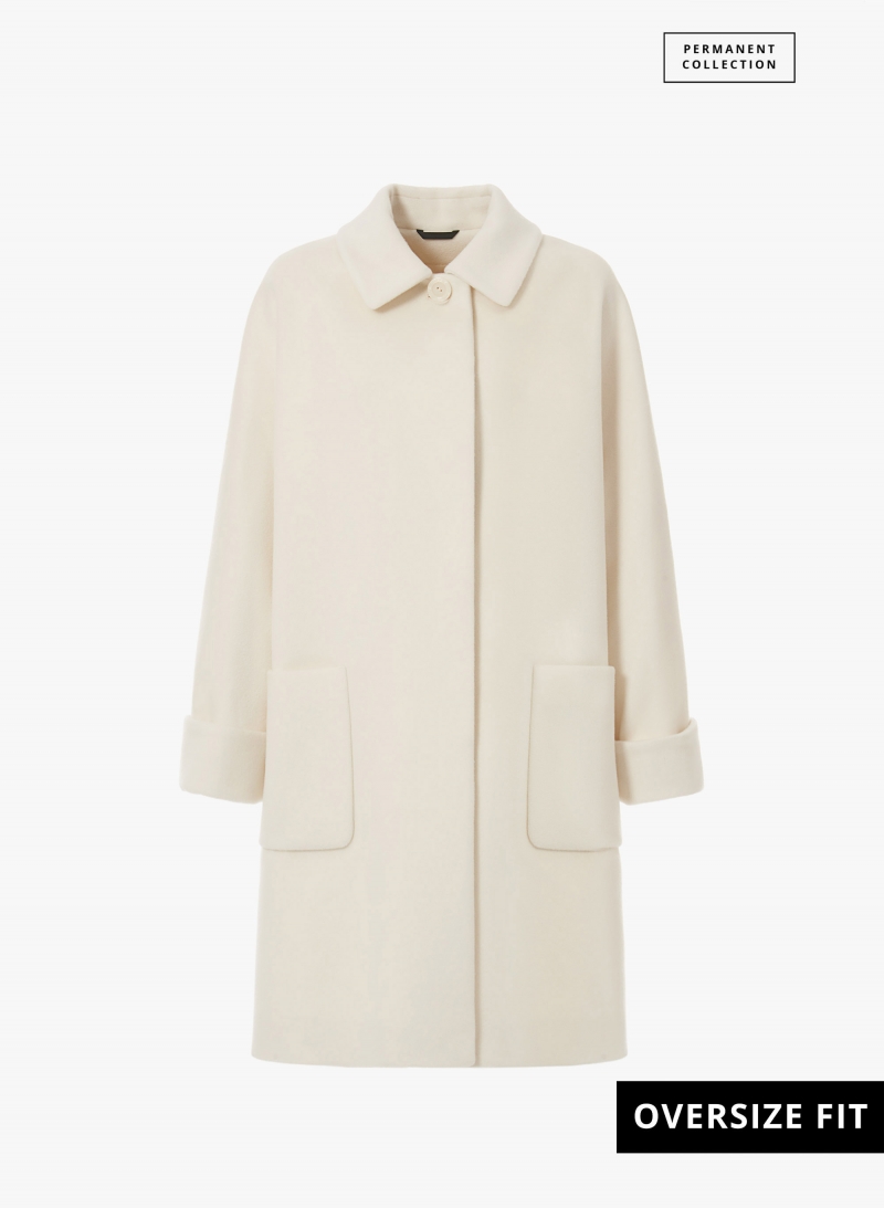 Oversized white pure wool coat with shirt collar