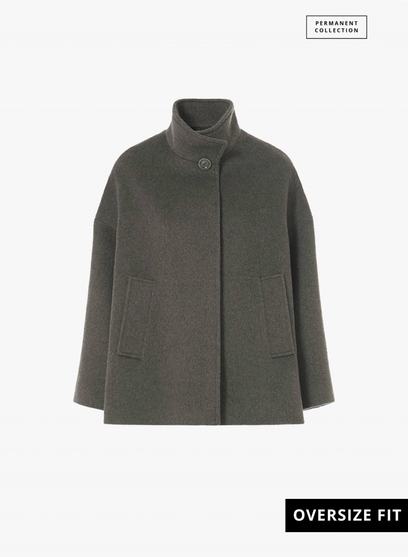 Short flared dark taupe wool coat with high collar
