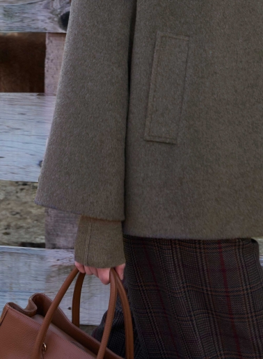 Short flared dark taupe wool coat with high collar