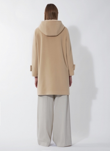 Hooded light camel wool and cashmere parka with double pockets