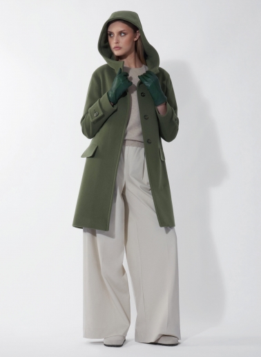 Hooded military green wool and cashmere parka with double pockets