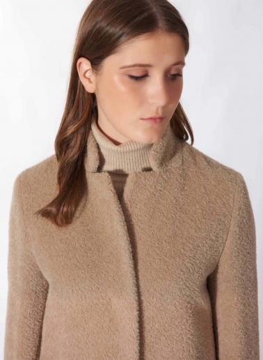 Maxi dark beige wool and alpaca coat with inverted notch collar