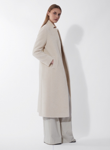 Maxi beige wool and alpaca coat with inverted notch collar