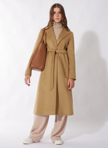 Belted fitted camel pure wool coat