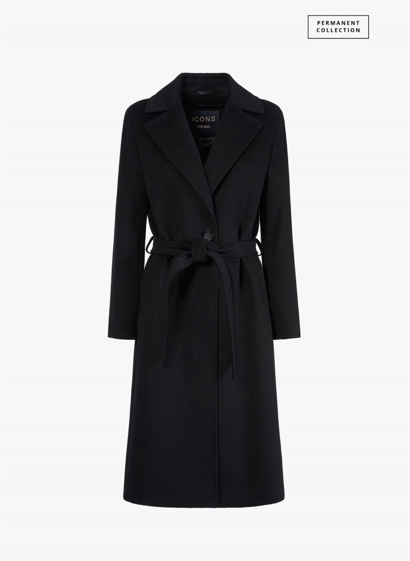 Belted fitted black pure cashmere coat