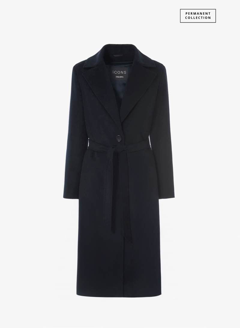 Belted fitted blue pure cashmere coat