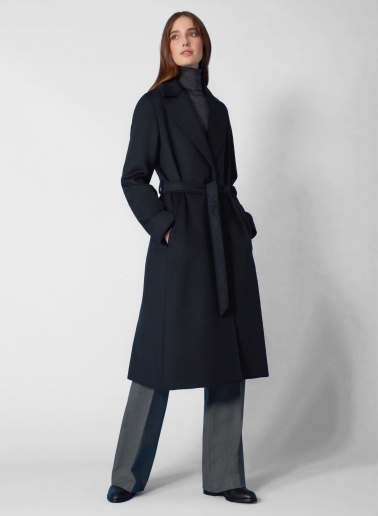 Belted fitted blue pure cashmere coat