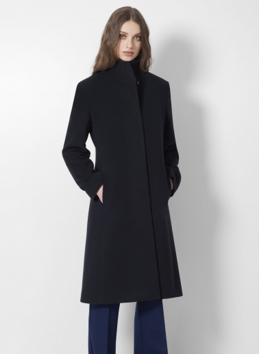 Blue wool and cashmere coat with high stand up collar