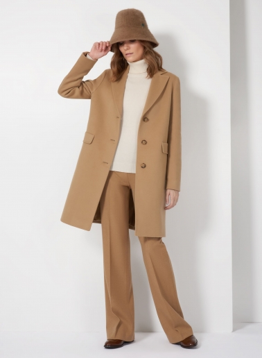 Straight light camel wool and cashmere coat with masculine cut