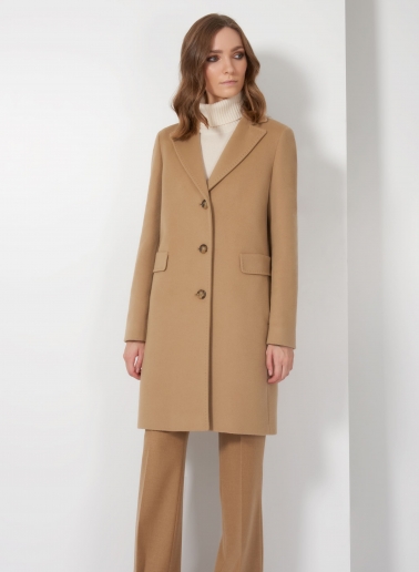 Straight light camel wool and cashmere coat with masculine cut