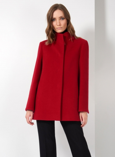 Short red wool and cashmere coat with high stand up collar