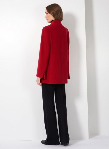 Short red wool and cashmere coat with high stand up collar