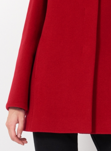 Short red wool and cashmere coat with high stand up collar