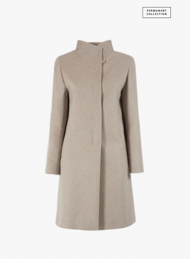 Flared dark beige pure cashmere coat with high stand up collar | Cinzi