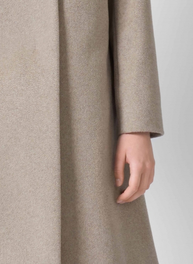 Flared dark beige pure cashmere coat with high stand up collar