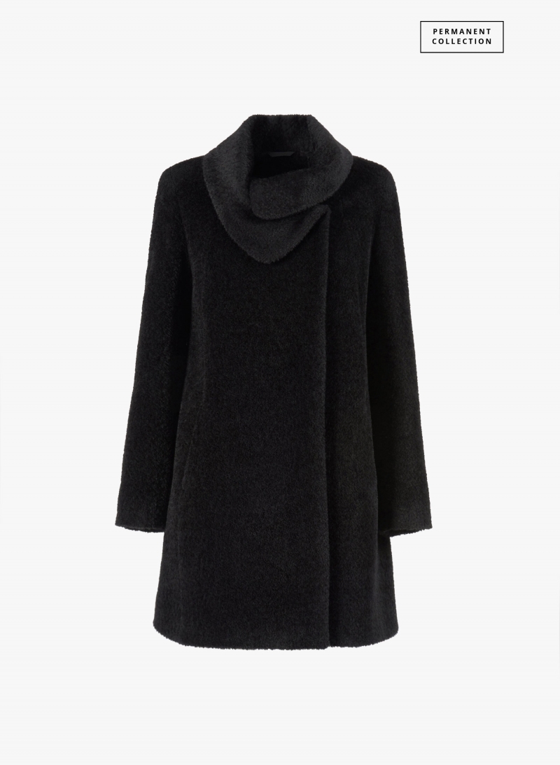 Short flared black wool and alpaca coat with crossover collar