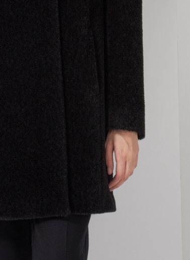 Short flared black wool and alpaca coat with crossover collar