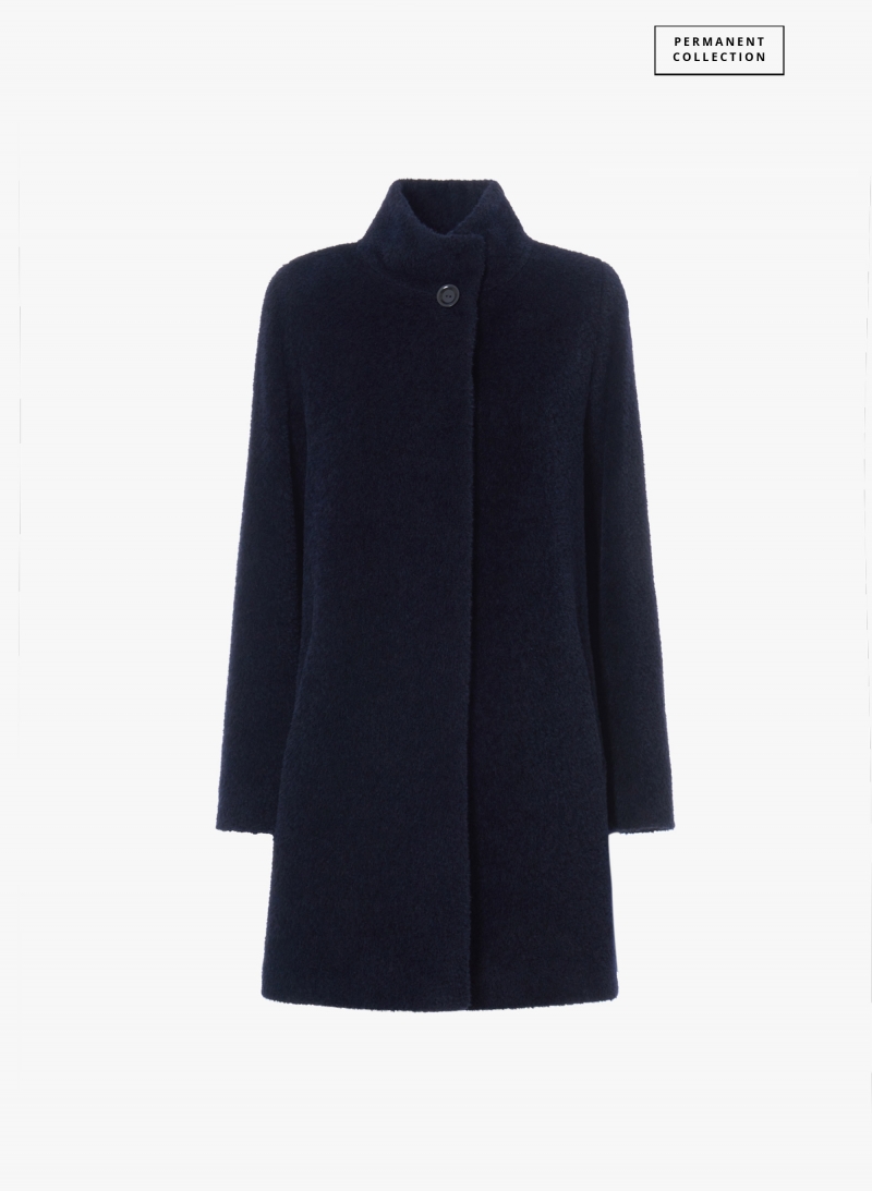 Short flared blue wool and alpaca coat with side vents