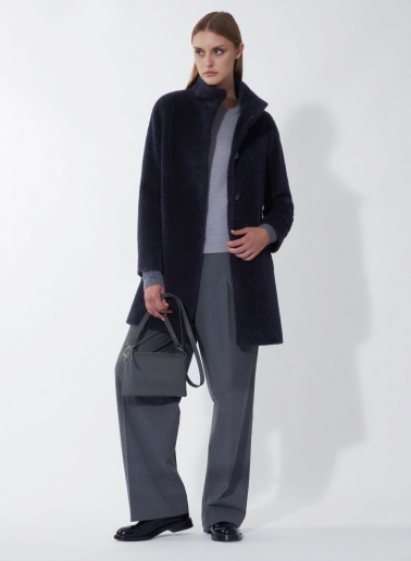 Short flared blue wool and alpaca coat with side vents