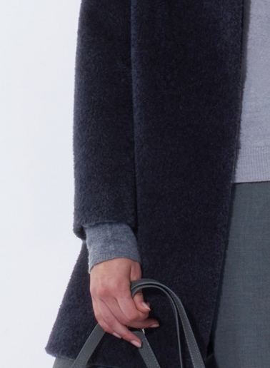 Short flared blue wool and alpaca coat with side vents
