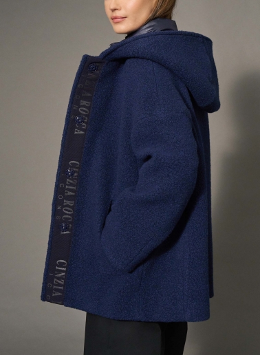 Short navy blue wool parka with detachable nylon bib