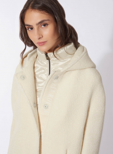 Short white wool parka with detachable nylon bib