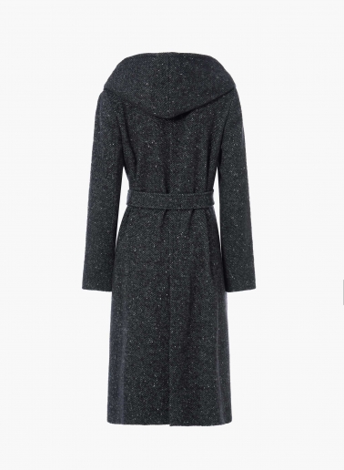 Black belted coat in lurex micro pattern with hood