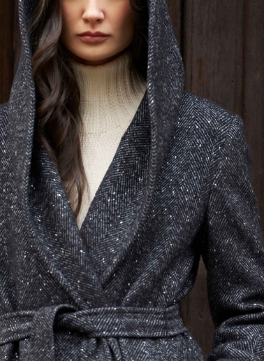 Black belted coat in lurex micro pattern with hood