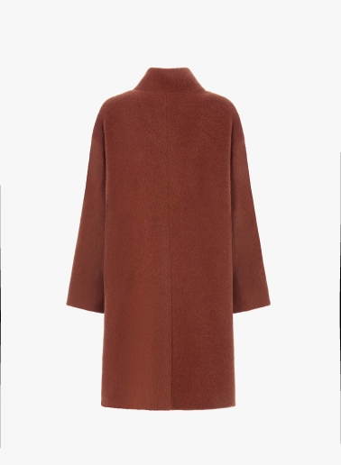 Terracotta colour alpaca and wool coat with high asymmetrical collar
