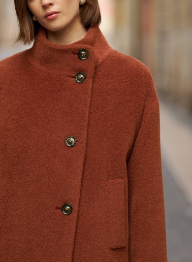 Terracotta colour alpaca and wool coat with high asymmetrical collar