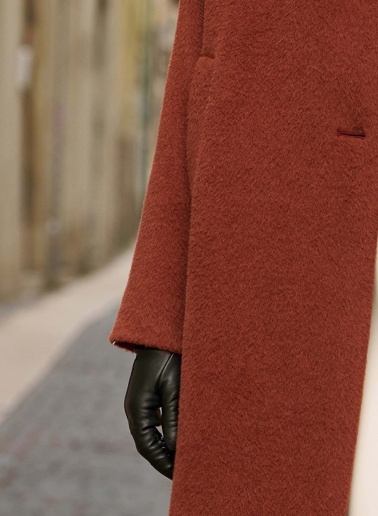 Terracotta colour alpaca and wool coat with high asymmetrical collar