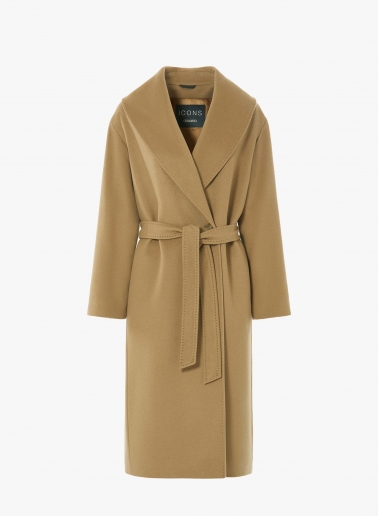 Maxi camel pure cashmere coat with belt and shawl collar | Cinzia Rocc