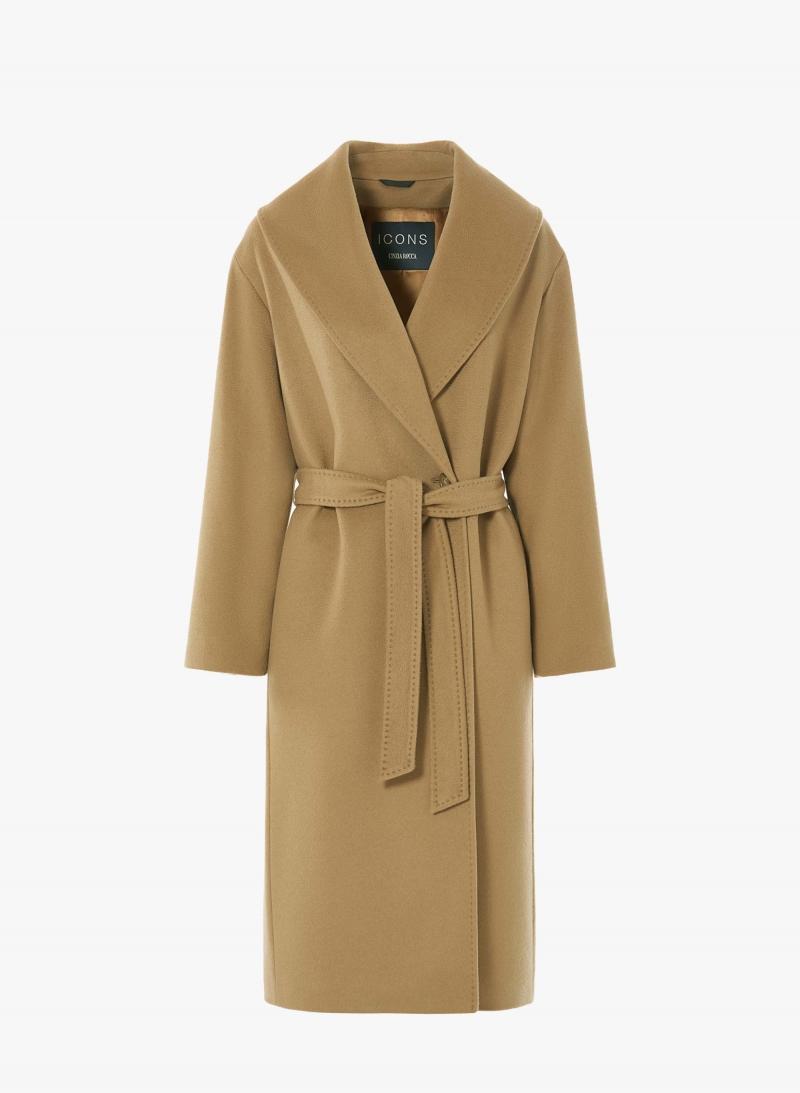 Maxi camel pure cashmere coat with belt and shawl collar