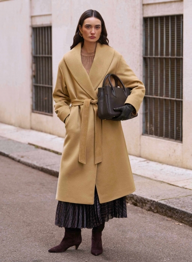 Maxi camel pure cashmere coat with belt and shawl collar