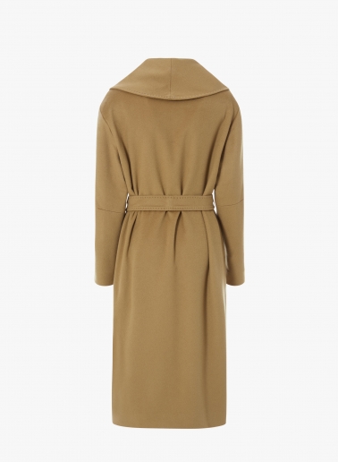 Maxi camel pure cashmere coat with belt and shawl collar
