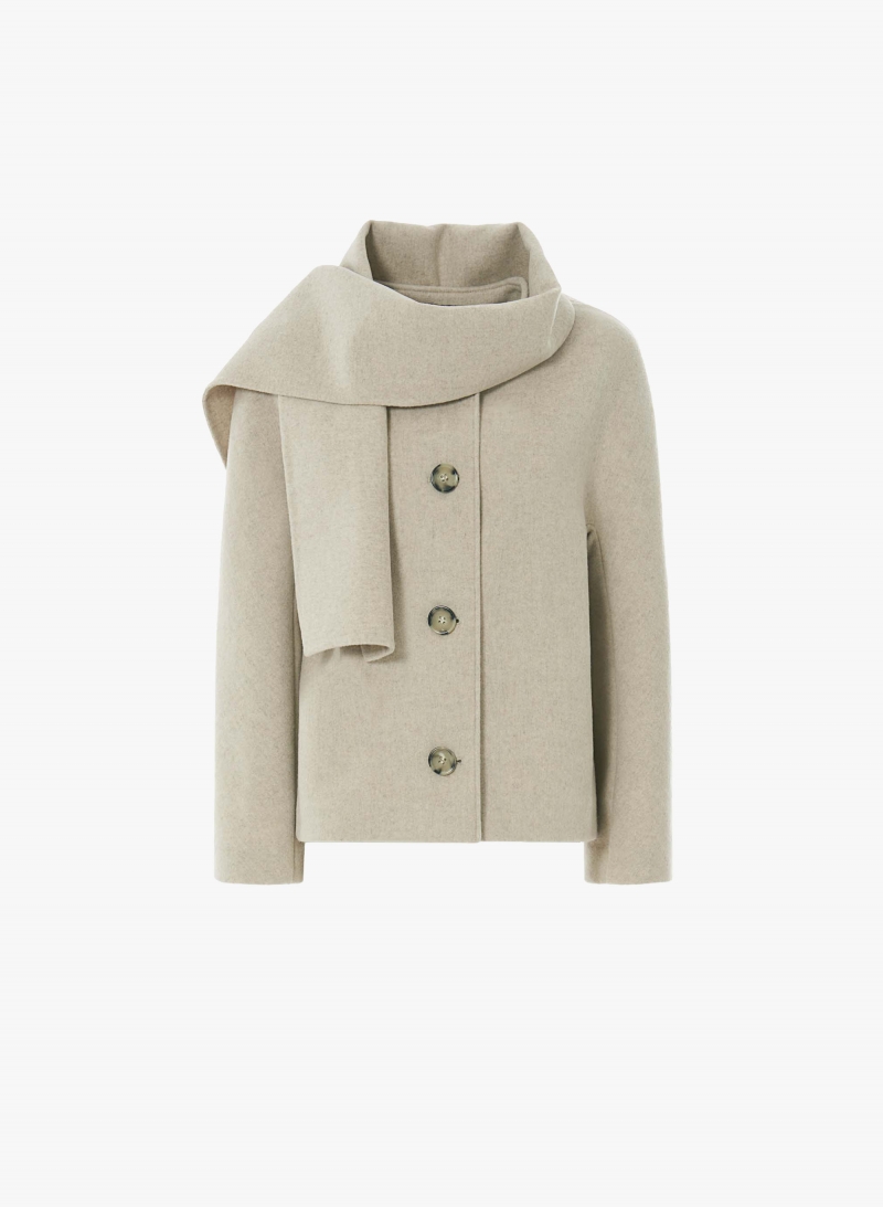 Beige wool short coat with detachable scarf