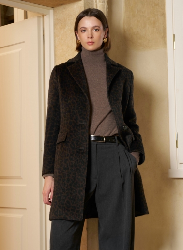 Two button coat with masculine cut and animal pattern