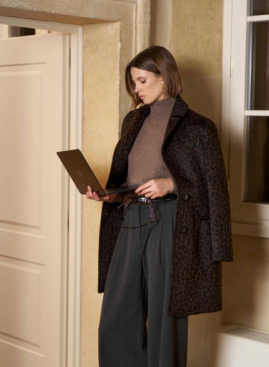 Two button coat with masculine cut and animal pattern