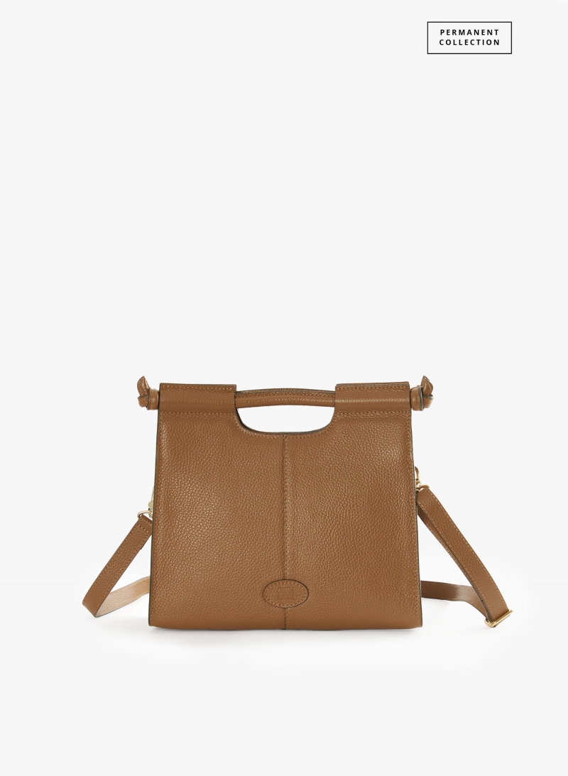 Tobacco colour leather handbag with strap