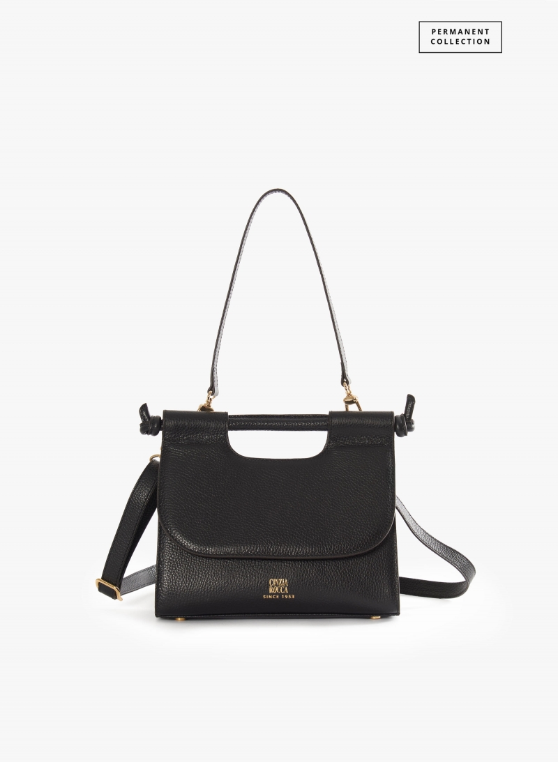 Black leather shoulder bag with integrated handle and shoulder strap