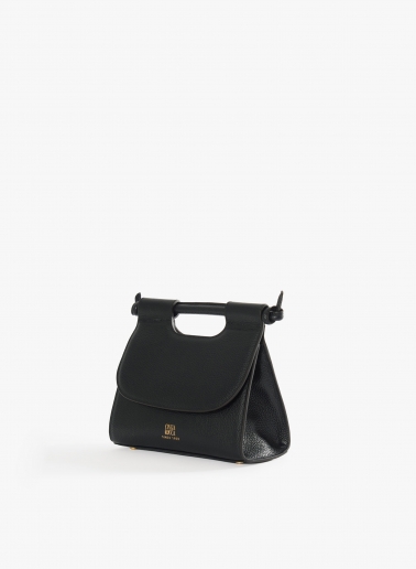 Black leather shoulder bag with integrated handle and shoulder strap